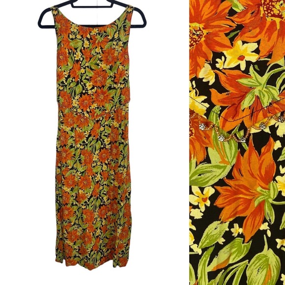 VTG Women's Floral Beaded Midi Length Dress Size 14 Orange Tie Waist CDC Wear - Picture 1 of 11